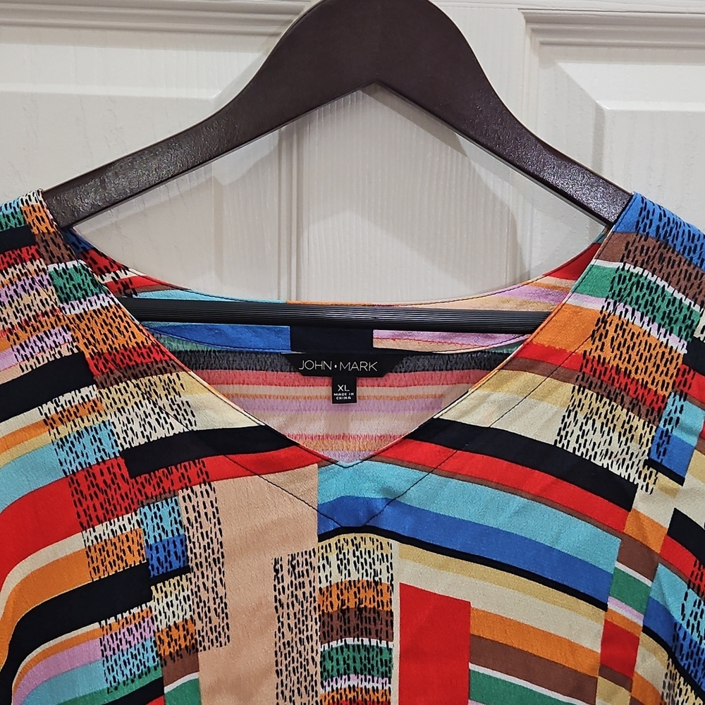John Mark Multicolor Patchwork Blouse Striped Boh… - image 5